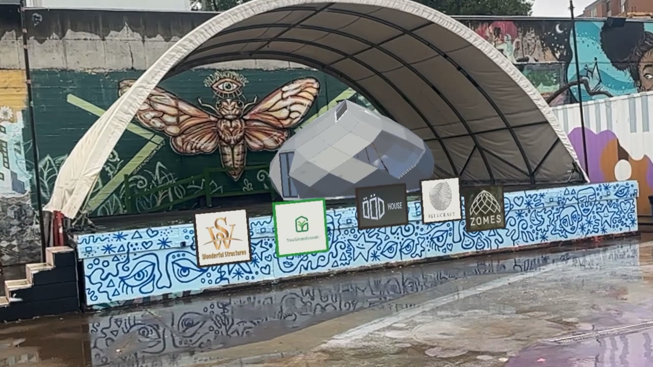 A digital dome placed over the real IX Art Park stage in augmented reality