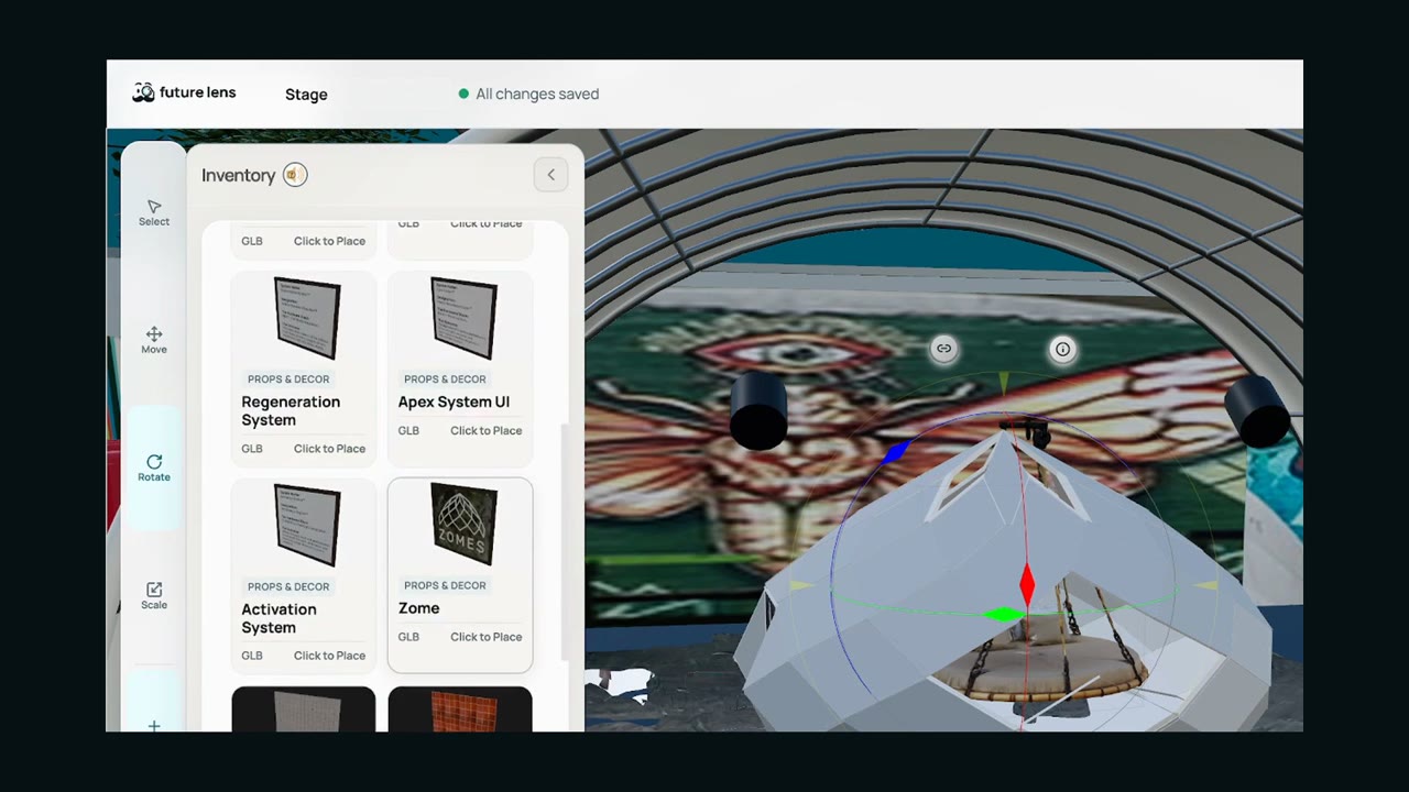 The Future Lens object inventory beside the IX Art Park digital twin, with a dome selected for editing