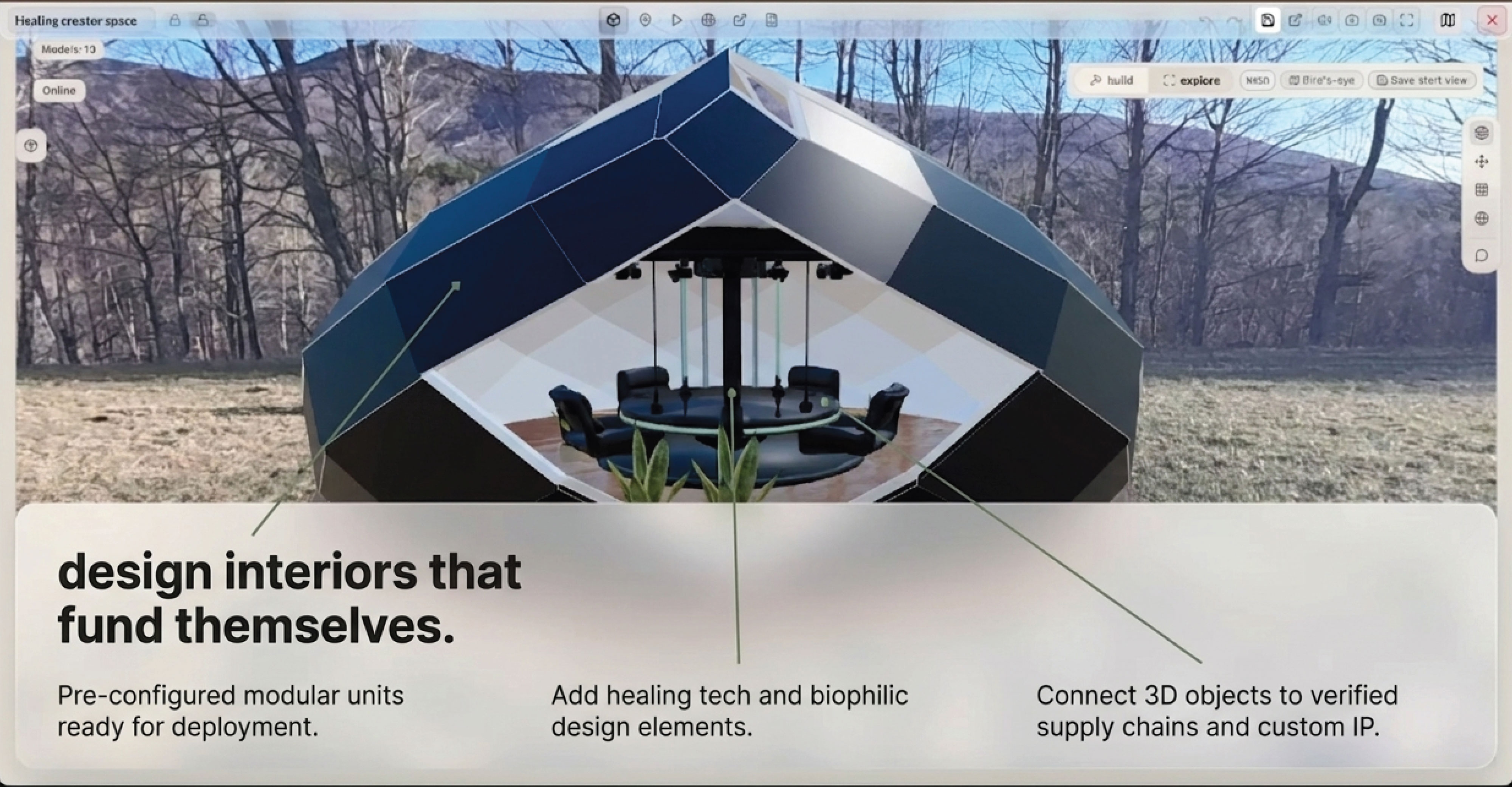 Futurist Toolkit promotional artwork showing a dome interior in the spatial design interface