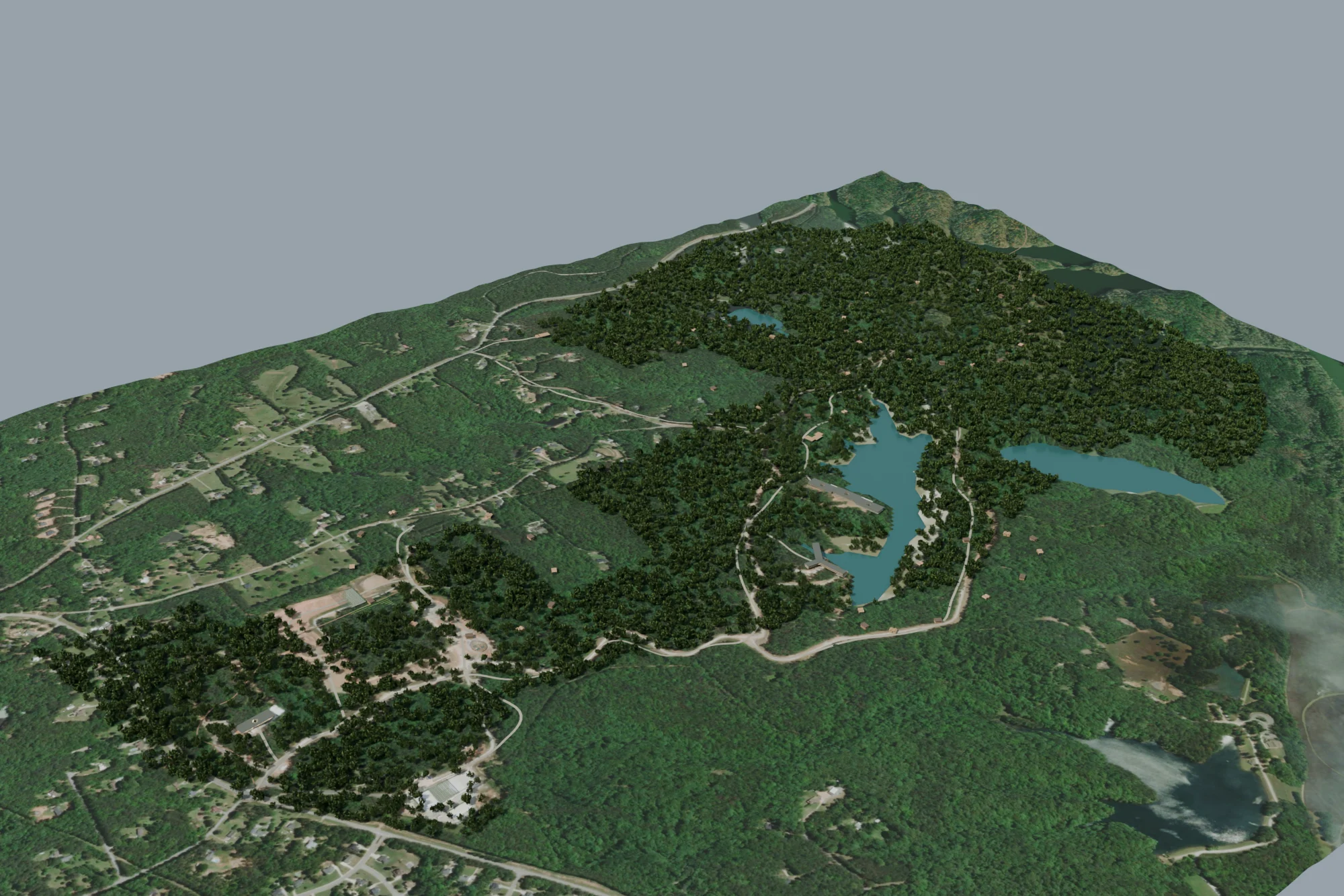 Aerial digital model of the forests, lakes, and buildings at Preserve Life
